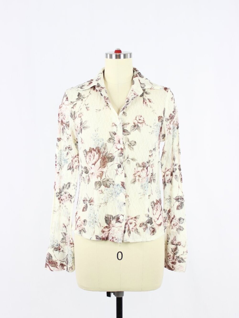Vintage 00's Y2K CURRENT Ivory Floral Stretch Lace Bell Sleeve Blouse, Size S
